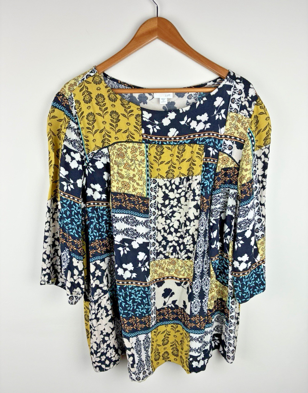 J.Jill Women’s 2X Floral Patchwork Tunic Top 3/4 Sleeve Rayon Boho Cottagecore